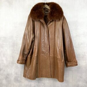 Knoles & Carter Womens Leather Coat 3XL Brown Lambskin Fur Collar Italian Luxe
